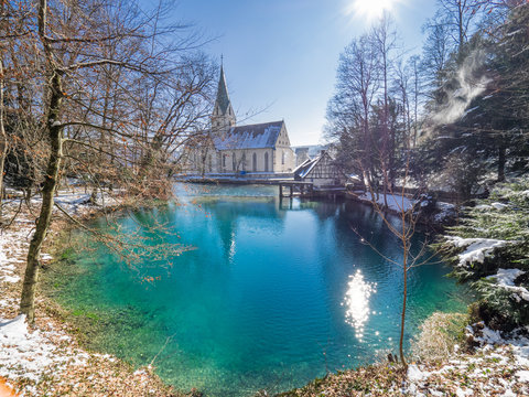 view on the well "Blautopf" in Blaubeuren, Germany