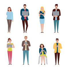 Obraz premium Vector set in a flat style of business people with devices
