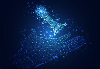 abstract technology business concept hand digital blue link and chess.Meaning is to do business,chance,success and fortune on hi tech dark blue background.