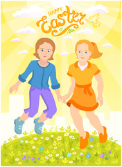 Happy Easter - sunny postcard with two friends, a boy and a girl