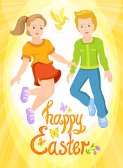 Happy Easter - boy and girl, sunny postcard