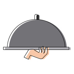 waiter hand holding cloche serving plate for food vector illustration