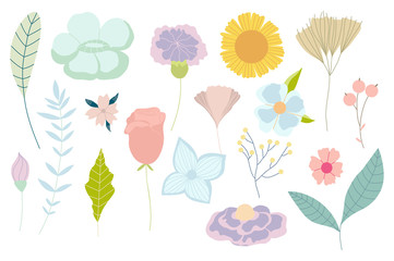 Pack of hand drawn simple pastel vector flowers and plants.