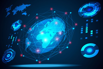 abstract technology concept global network connection futuristic earth globe virtual hologram communication system world and digital link business Connection hi tech background.Vector Illustration