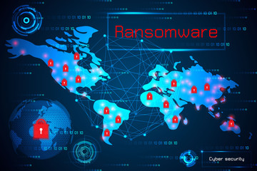 abstract technology concept cyber security with ransomware alert warning on map world, antivirus, malware and virus crime on hi tech background