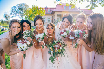 Outdoor portrait of beautiful young bride with her female friends. Funny bridesmaids with bewlyweds at sunny park.