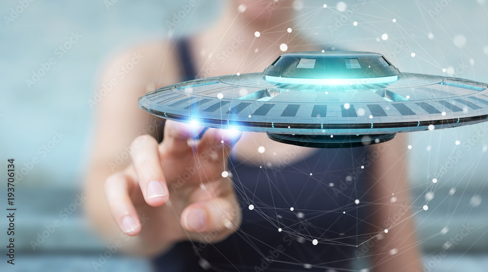 Poster businesswoman with retro ufo spaceship 3d rendering