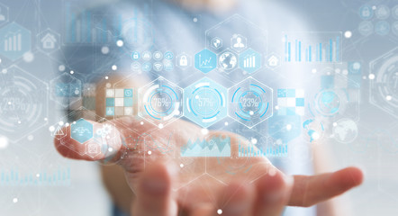 Businessman using holograms datas on digital screens 3D rendering