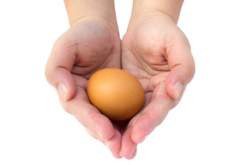 Egg in woman hands with white isolate background. Food ingredient.