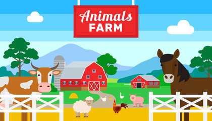animals farm with horse cow pig sheep  poultry