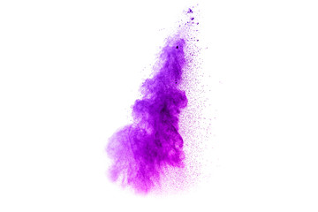 Blue-Purple color powder explosion cloud isolated on white background.Closeup of Blue-Purple dust particles splash isolated on  background.