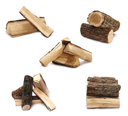 Set oak stump, log fire wood isolated on white background with clipping path