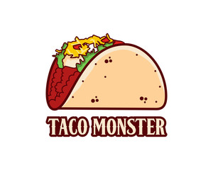 Big Taco Monster Fast Delivery Food on the Restaurant Illustration Hand Drawing Symbol Logo Vector