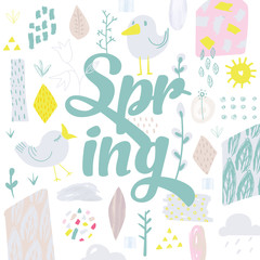 Hello Spring Design with Cute Birds and Flowers. Childish Abstract Nature Background for Greeting Card, Decoration, Wallpaper. Vector illustration