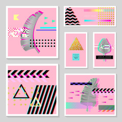 Obraz premium Glitch Futuristic Posters, Covers Set with Tropical Elements. Hipster Design Compositions for Brochures, Flyers, Placards. Trendy Template. Vector illustration