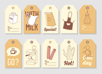 Coffee Hand Drawn Tags Collection. Vintage Style Freehand Elements with Hot Drinks and Milk. Vector illustration