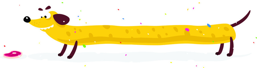 Nice yellow dog, dachshund. Vector illustration of a dog in a flat style. Yellow dog is like cheese. Image is isolated on white background. Hot Dog. Symbol of the company's brand. Mascot. Emblem.