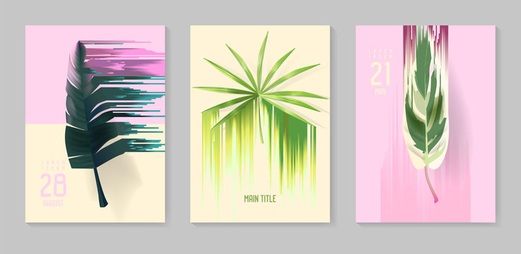 Futuristic Tropical Posters Set with Glitch Effect