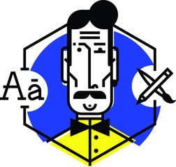 Illustration of a designer icon in a flat style. Vector icon isolated on white background. Image of web designer, ready for website and printing. The character of the company. Mascot.