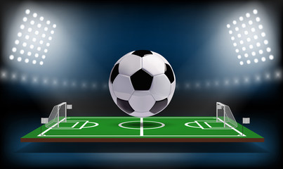 Football or soccer playing field 3d ball. Sport Game. Football stadium spotlight and scoreboard background vector illustration