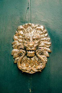 decorative golden lion at the door, vintage object on green door