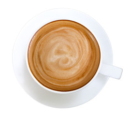 Top view of hot coffee latte cappuccino spiral foam isolated on white background, clipping path included