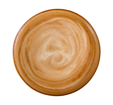 Top view of hot coffee latte cappuccino spiral foam isolated on white background, clipping path included