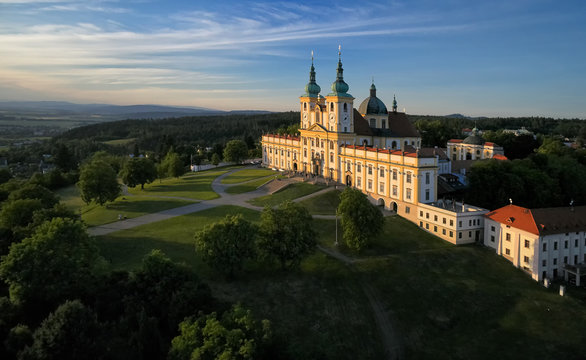 Aerial view on Pilgrimage Church of the Visitation of the Virgin Mary - pilgrimage site of European significance "The Holy Hill" from-afar visible silhouette of basilica minor over moravian landscape.