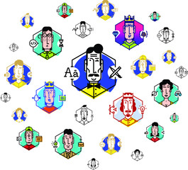Fototapeta premium Social network, people communicate. Vector flat illustration. The icons are isolated on a white background. People of the profession. Boss, director, chief and structure of the company. 