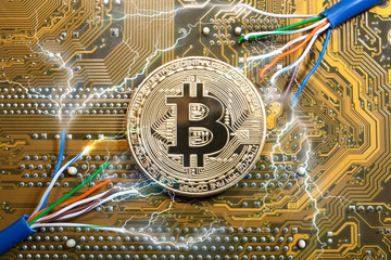 golden bitcoin coin on golden microchip between bare wires close up