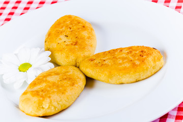Three fried fish cutlets on white plate