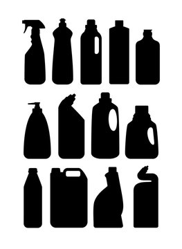 Household chemicals and cleaners. Silhouettes of containers and bottles household chemicals. Vector illustration.