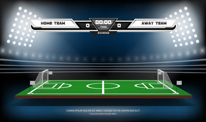 Football or soccer playing field with infographic elements. Sport Game. Football stadium spotlight and scoreboard background vector illustration