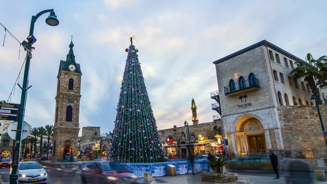 Christmas tree decorated in Jaffa sunset 4k timelapse