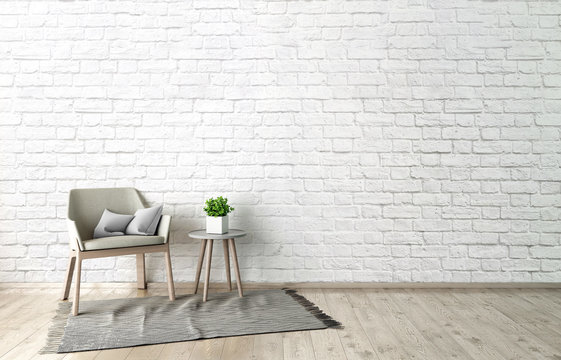 3d illustration of empty brick wall, white interior design