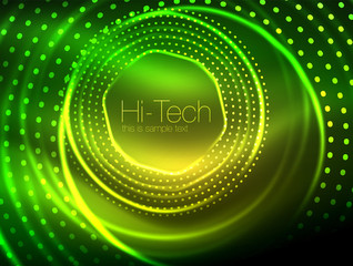 Magic neon circle shape abstract background, shiny light effect template for web banner, business or technology presentation background or elements, vector illustration