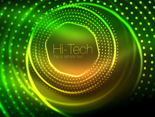 Magic neon circle shape abstract background, shiny light effect template for web banner, business or technology presentation background or elements, vector illustration