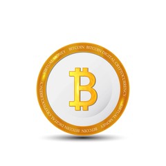 Golden bitcoin coin. Crypto currency golden coin bitcoin symbol isolated on white background. Realistic vector illustration. EPS 10