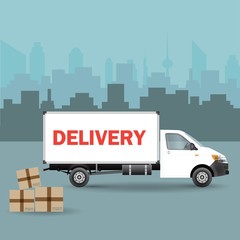 White delivery van with shadow and cardboard boxes on city background. Product goods shipping transport. Fast service truck