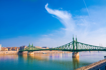 Beautiful landscape of Danube river and Liberty bridge in Budapest, Hungary