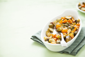 Brussel sprouts and butternut squash baked in oven.