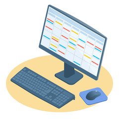 Flat isometric illustration of desk computer display. Office and school PC, monitor, keyboard, mouse. Business and education, work and entertainment workplace element. Vector concept isolated on white