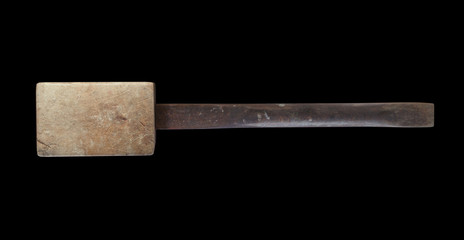 3D illustration of Grungy wooden mallet in bottom view with black background