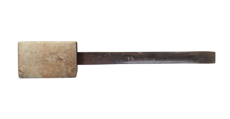 3D illustration of Grungy wooden mallet in bottom view with white background