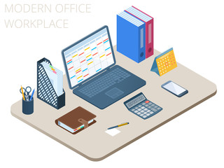 Flat isometric illustration of workplace. Office workspace with modern technologies accessories: laptop, smart phone, personal planner, electronic calculator, organizer. Vector business desk concept.