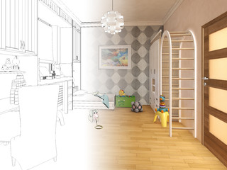 Render Children room.Graphic black white interior sketch