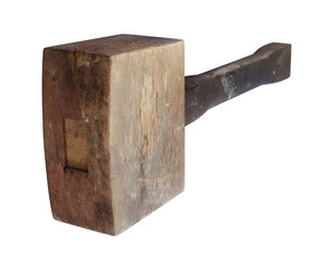3D illustration of Grungy wooden mallet in perspective view with white background
