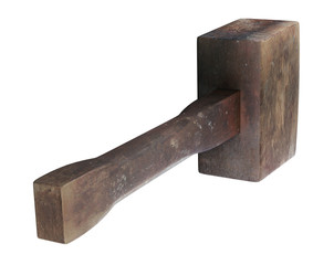 3D illustration of Grungy wooden mallet in perspective view with white background