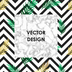 Tropical banner with jungle rainforest bright green leaf and marble texture background with gold frame . Text placeholder.  Background for posters, placards, banners, covers