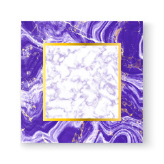 Abstract white and purple marble texture greeting card with gold square frame, place your text. Template for your designs, banner, invitation, party, birthday, wedding. Trendy vector